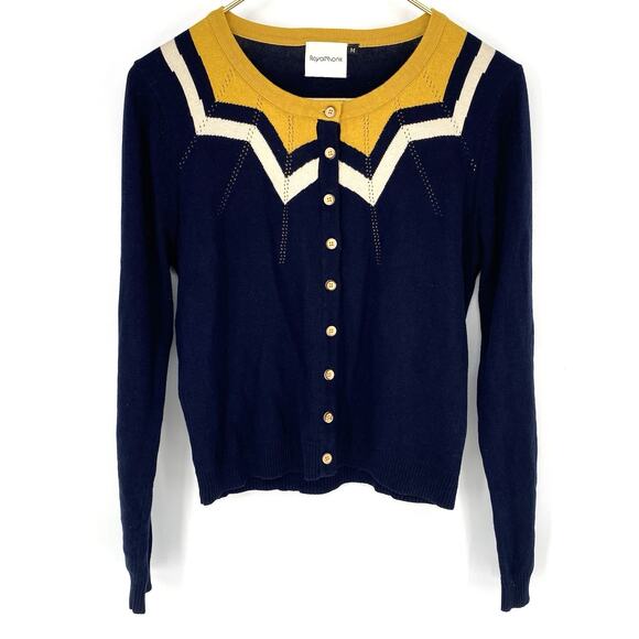 Royal Monk Banned Apparel Navy Yellow Jaquard Cardigan Sweater women's Size M - Picture 1 of 9